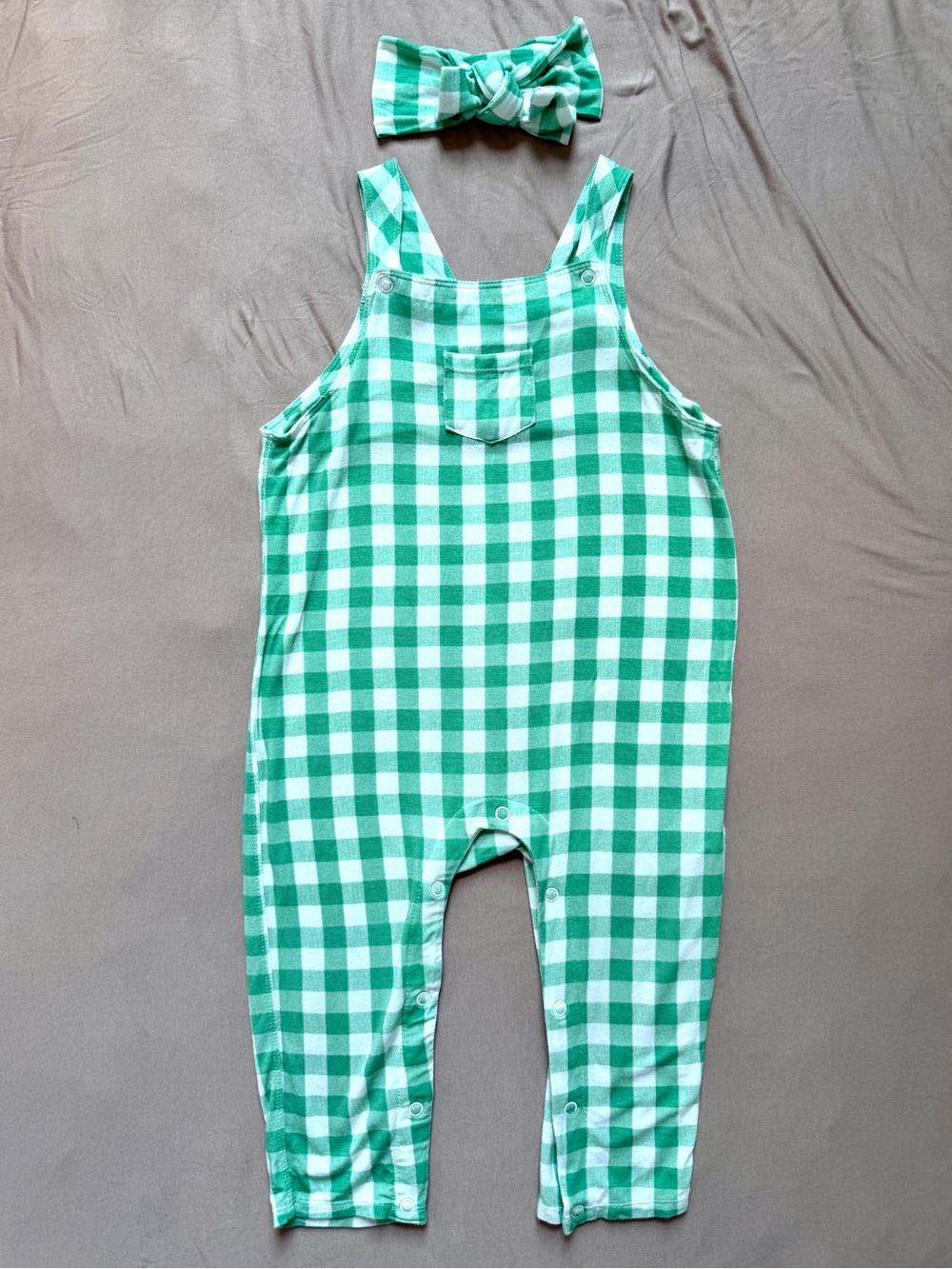 18-24💚 Angel Dear Green White Gingham Checkered Bamboo Overalls w/ Matching Bow
